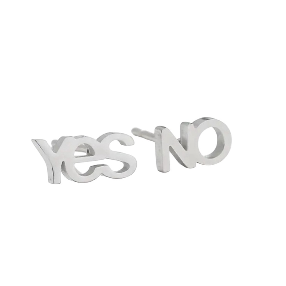 Silver Stainless Steel 'Yes No' Stud Earrings